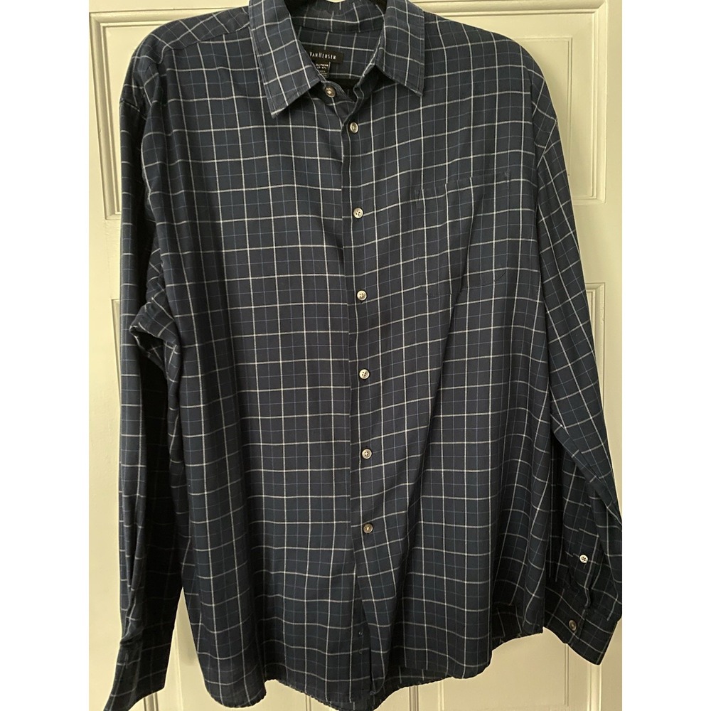 Van Heusen Men's Dress Shirt SZ XL‎ Collar 17-17.5 Blue Plaid Long Sleeve Pocket